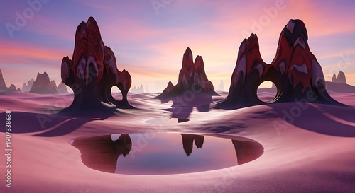 Eerie alien landscape features surreal rock formations reflecting in a still pool at twilight