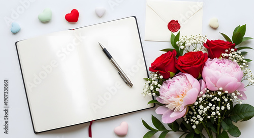 Wallpaper Mural A blank notebook and pen are arranged with a beautiful bouquet of red roses and pink peonies, small hearts, and a sealed envelope. Torontodigital.ca