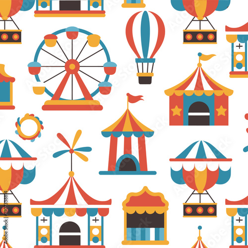 A colorful illustration of various carnival rides and attractions on a white background
