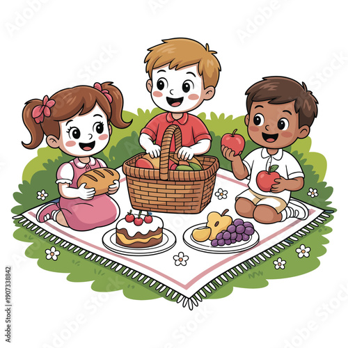 Three happy children having a picnic in a green field with a basket of fruits and cakes