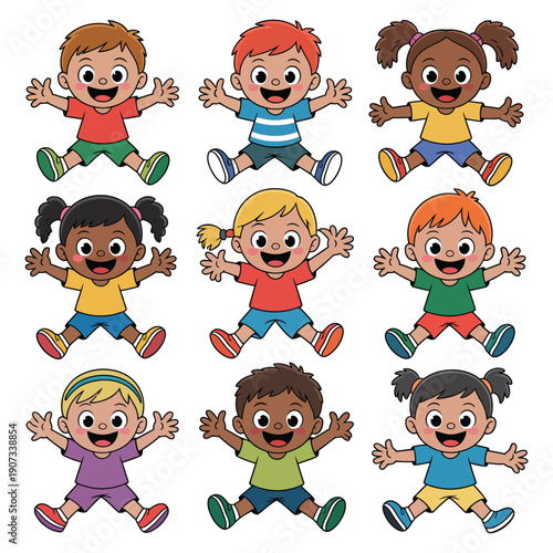 A group of happy and diverse children jumping in the air with their arms outstretched in a playful and carefree atmosphere.