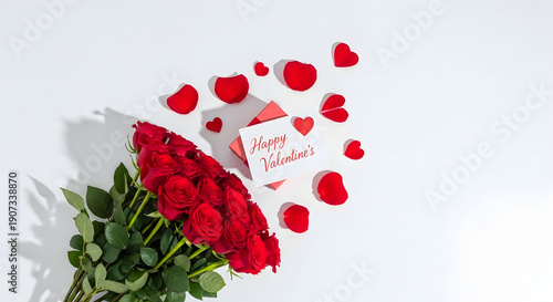 Wallpaper Mural A bouquet of deep red roses is displayed with a 'Happy Valentine's' card, red hearts, and scattered petals on a white background. Torontodigital.ca