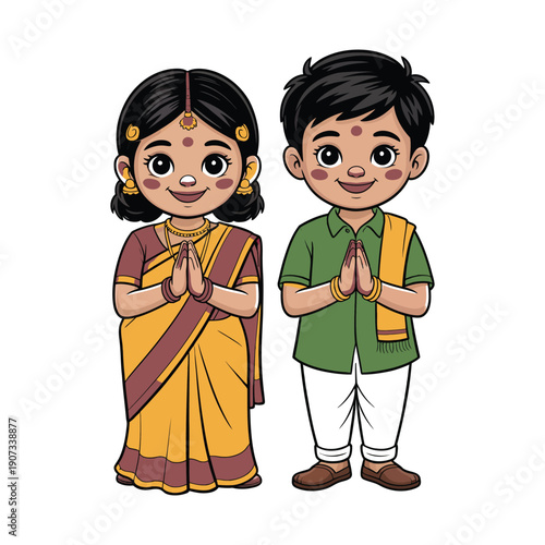 A cartoon illustration of a smiling Indian boy and girl in traditional clothing standing together with hands clasped in greeting.