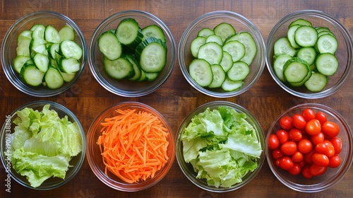 Overhead shot of eight glass bowls filled with chopped cucumbers, shredded carrots, lettuce, and cherry tomatoes on a wooden surface.