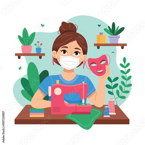 A woman wearing a face mask sewing a protective mask at a desk with plants and sewing machine