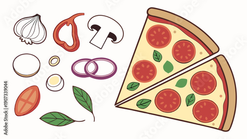 Delicious Homemade Pizza Slices with Fresh Tomato, Basil, Onion, and Garlic Ingredients for Italian Food Design Projects