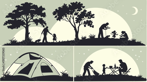Family Camping Adventure Silhouettes Under Moonlight Setting Up Tent Grilling Outdoors Summer Vacation Memories For Travel Brochures