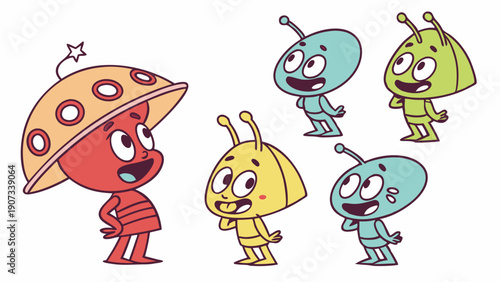 Cute Cartoon Alien Characters Meeting Happy Red Leader for Children Education App Design or Kids Web Graphics