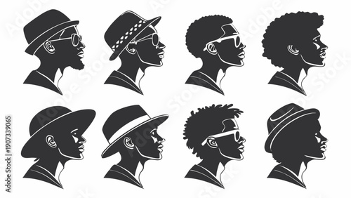 Black Silhouette Profile Icons of Diverse Men with Various Hats and Hairstyles for Fashion Branding and Identity Design Projects
