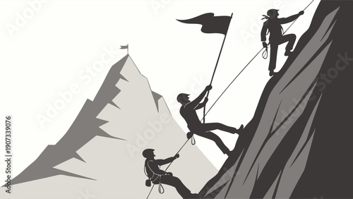 Mountain Climbers Ascending Steep Rock Face Achieving Summit Success Teamwork Goal Setting Adventure