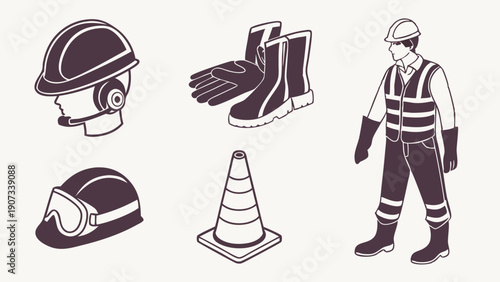 Construction Safety Gear Icons Worker PPE Illustration for Industrial Website Design and Safety Training Manuals