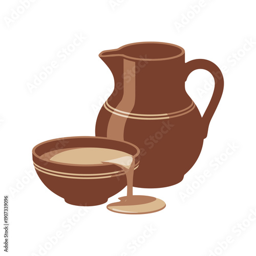 A brown ceramic pitcher pouring liquid into a matching bowl on a plain white background