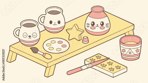 Cute Kawaii Pottery Painting Workshop for Kids Crafting Fun Tabletop Activity Illustration
