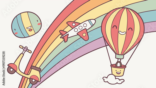Cute Pastel Rainbow Transportation Montage with Happy Hot Air Balloon Rocket Scooter for Kids Toy Design Background