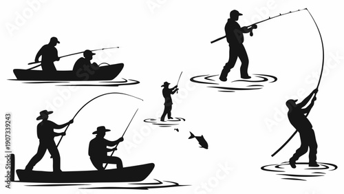 Silhouette Set of Anglers Fishing from Boat and Shore Catching Fish for Outdoor Recreation and Sport Web Design