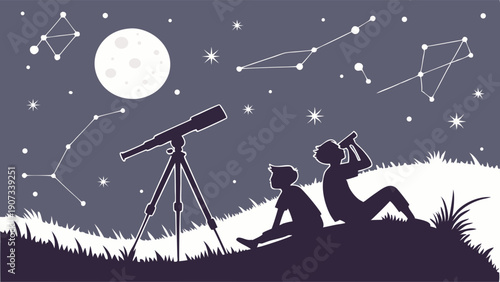 Children Stargazing with Telescope at Night Observing Constellations for Astronomy Education and Science Learning