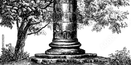 Vintage botanical monument sculpture with engraved details in vertical composition
