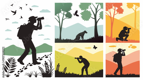 Outdoor Wildlife Photography Silhouette Set Bird Watching Hiking Adventure Nature Tourism Design Elements For Websites