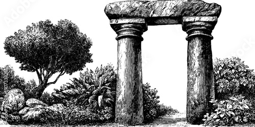 Vintage botanical monument sculpture in vertical composition for art and design