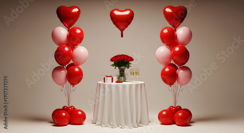 Wallpaper Mural A romantic dinner table with red roses, champagne, and a gift is flanked by columns of red and pink balloons, with heart balloons overhead. Torontodigital.ca