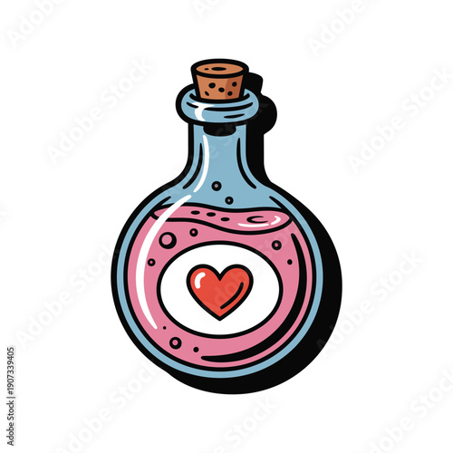 A cartoon illustration of a blue glass bottle with a pink liquid and a red heart inside.