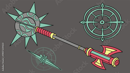 Fantasy Battle Mace Weapon Icon Set for Game Design Adventure UI Assets and Magical Item Creation