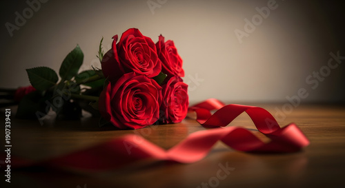 Wallpaper Mural A small bouquet of red roses rests on a rustic wooden table, accompanied by a red ribbon, bathed in soft, moody ambient lighting. Torontodigital.ca