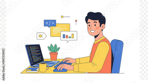 Smiling man coding on laptop with colorful coding symbols around him