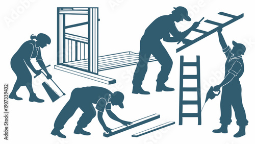 Construction Workers Building Wood Frame Structure Teamwork Carpentry Home Renovation Project Laborers Sawing and Assembling Materials