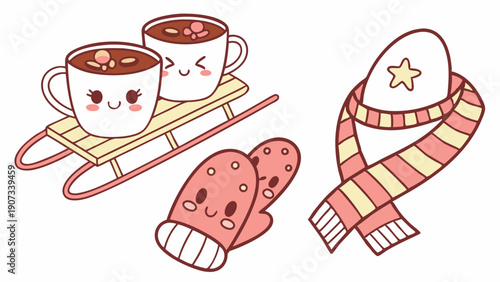 Cute Kawaii Winter Scene with Hot Cocoa on Sled Mittens and Scarf for Holiday Greeting Card Design