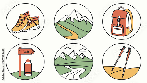 Hiking Gear Icons for Outdoor Adventure Travel Web Design Trail Planning Summer Vacation Graphics