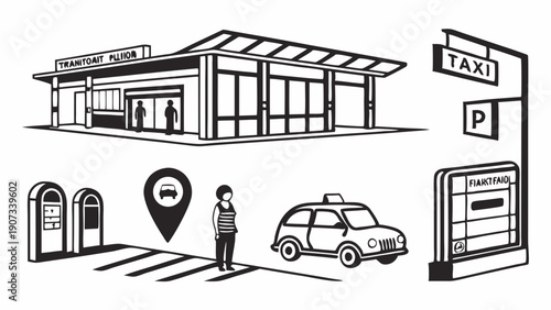 Airport Taxi Stand Illustration People Waiting for Ride Service Transportation Kiosk Map Pin Design Element for Travel Apps