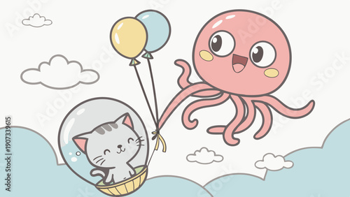 Cute Kitten in Balloon Basket Flying with Happy Pink Octopus and Balloons for Children's Party Design