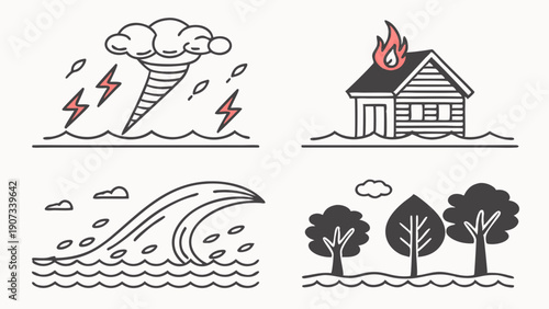Disaster Insurance Icons Set Tornado Flood Fire Storm Natural Calamity Threat for Safety Web Design