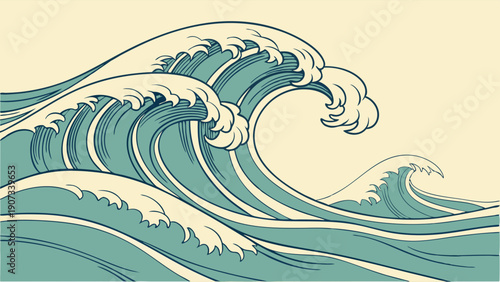 Dynamic Teal Ocean Waves Crashing Majestic Sea Surge for Travel Web Design Background or Powerful Nature Illustration