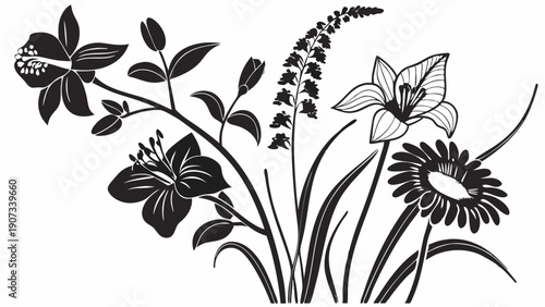 Elegant Black and White Floral Silhouette Bouquet Design for Wedding Invitations Garden Party Decor Tattoos