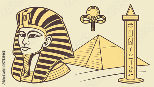 Ancient Egyptian Pharaoh Portrait Pyramid Obelisk Ankh for History Education Travel Web Design Projects