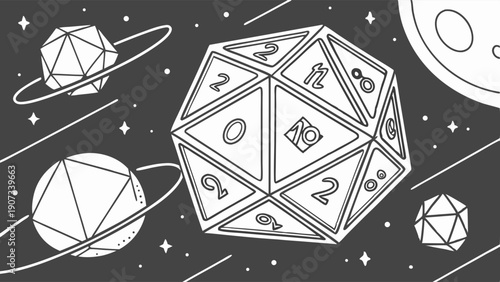 Cosmic D20 Dice Floating Among Planets and Stars for Tabletop Gaming Web Design Background