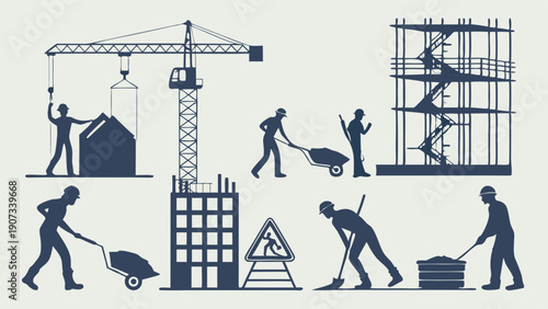 Construction Workers Silhouettes Building Infrastructure Crane Scaffolding Manual Labor for Development Projects