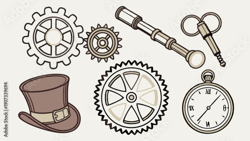 Steampunk Gear Clockwork Elements Top Hat Telescope for Victorian Tech Design Projects and Vintage Web Graphics