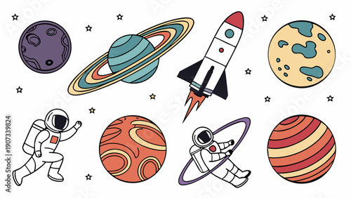 Space Adventure Icons Set Astronaut Rocket Planets for Kids Education Web Design Fun Illustration