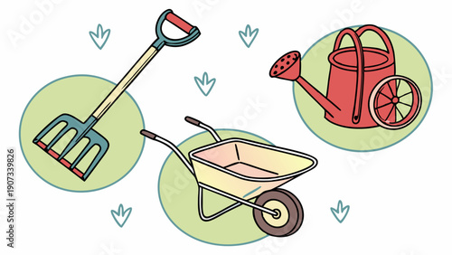 Gardening Tools Illustration Pitchfork Wheelbarrow Watering Can for Spring Planting Projects and Yard Work