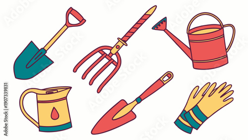 Gardening Tools Illustration Set Shovel Rake Watering Can Gloves for Spring Planting Projects and Outdoor Hobby Websites