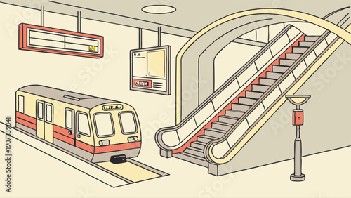 Subway Station Platform with Arriving Train and Escalator for Urban Commuter Travel and Public Transit Design Projects