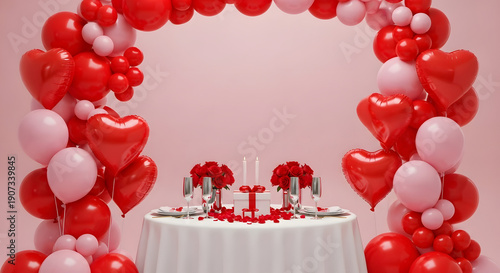 Wallpaper Mural A beautifully decorated table set for a romantic dinner, surrounded by a festive arch of red and pink balloons, perfect for a celebration. Torontodigital.ca