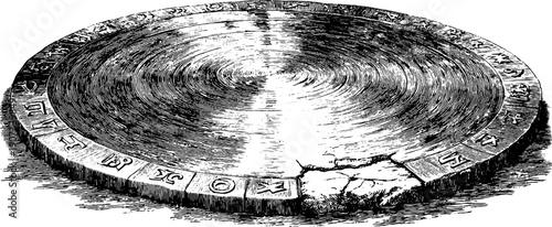 Ritual symbols and botanical concentric design in vintage engraving style