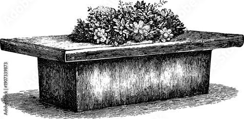 Vintage ritual table arrangement with botanical elements - engraved floral design for artistic decoration