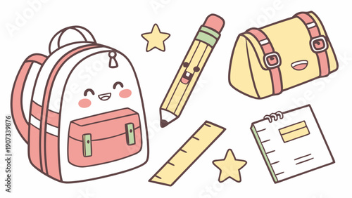 Cute Kawaii School Supplies Backpack Pencil Ruler Notebook for Happy Back to School Education Design Projects