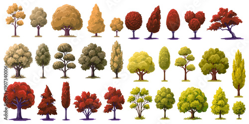 Collection of diverse stylized trees in various shapes, sizes, and autumn colors, perfect for graphic design and illustration projects