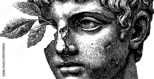 Vintage engraving of broken statue fragment with botanical elements for retro art design